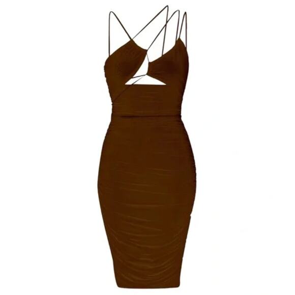 NWT LEAU Seoul Strap Cut-out Mesh Bodycon Dress Strappy Ruched Brown Sz XS Sexy - Picture 12 of 12